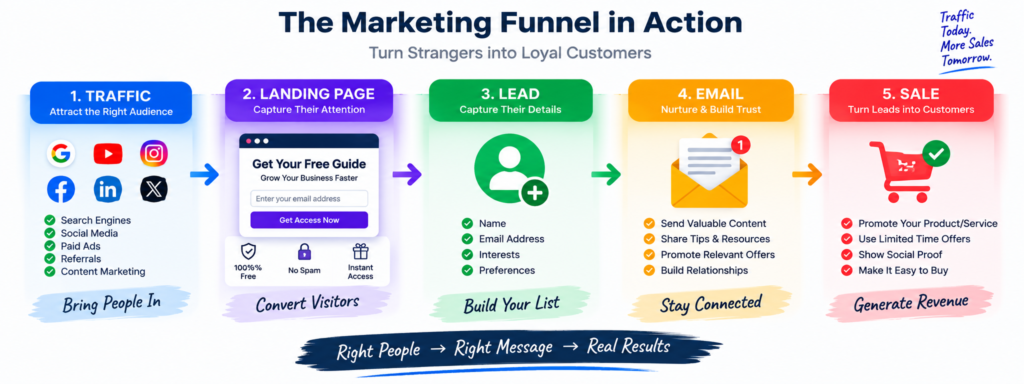 Traffic → Landing Page → Lead → Email → Sale funnel